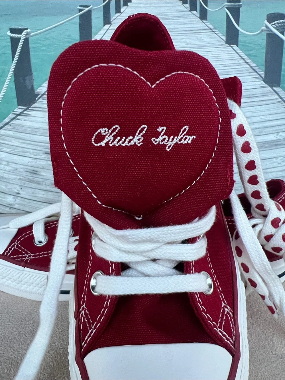 Converse Women's Low Top Sneakers in Burgundy with Heart-Print Laces